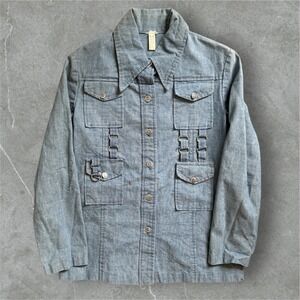 VTG‎ Denim Utility Jacket Womens Small Blue Button Front Pockets D Ring Detail